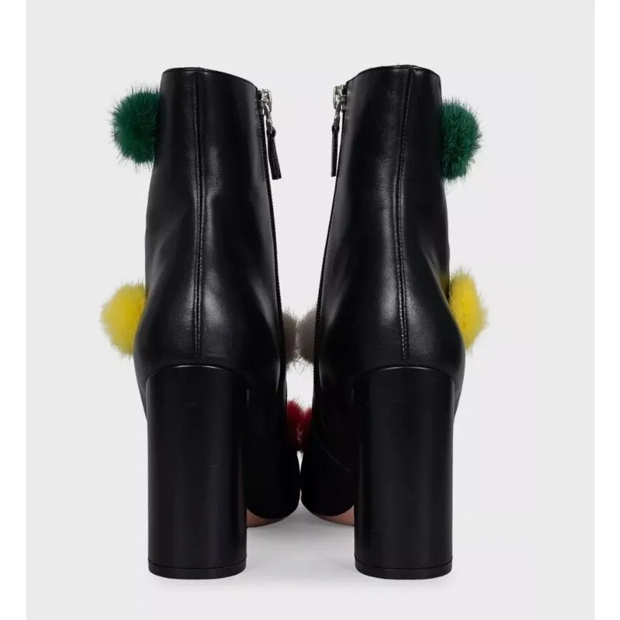 Fendi NWB Fendi Black Leather Ankle Boots Fur Pompom EU 39.5 Pre-owned Black Leather Never worn - Model View