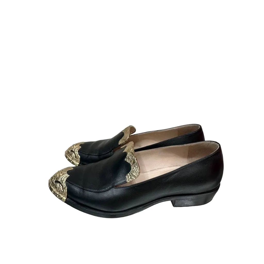 Chanel Paris Dallas Black Leather Gold Medallion Loafers Sz.37 Pre-owned Black Leather Good - Front View