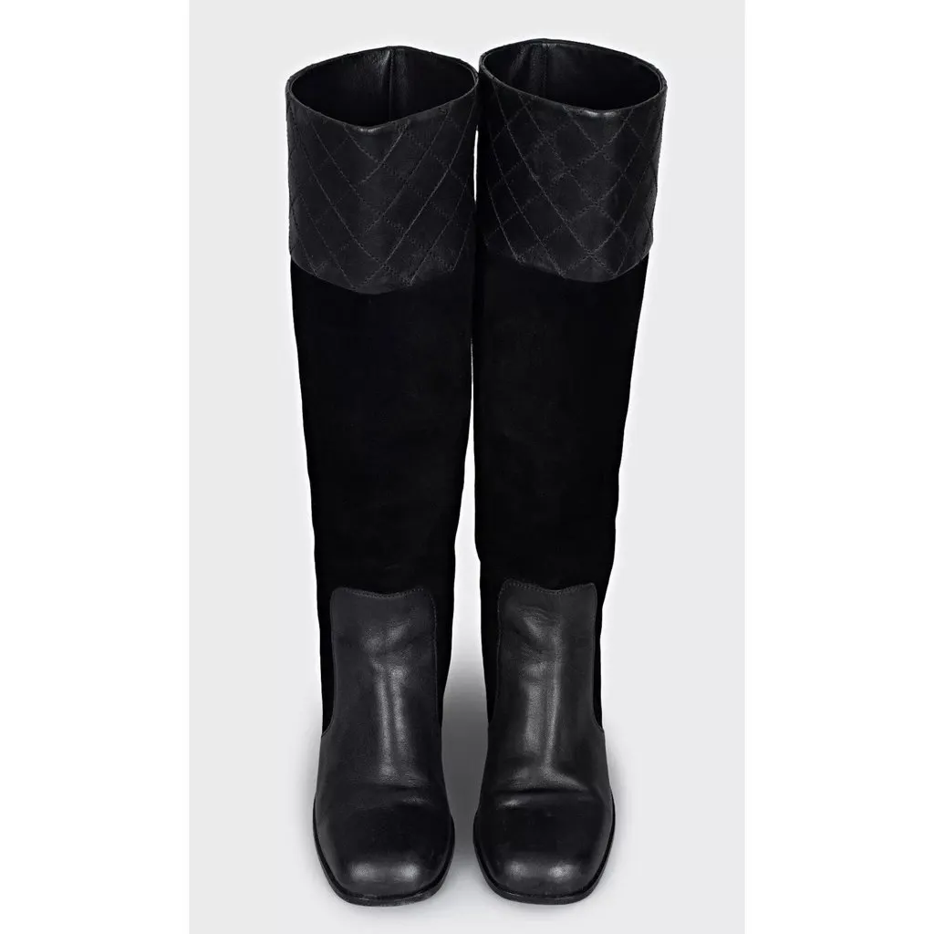 Chanel Black Suede & Leather Block Heel Boots EU 37 Pre-owned Black Suede Good - Back View
