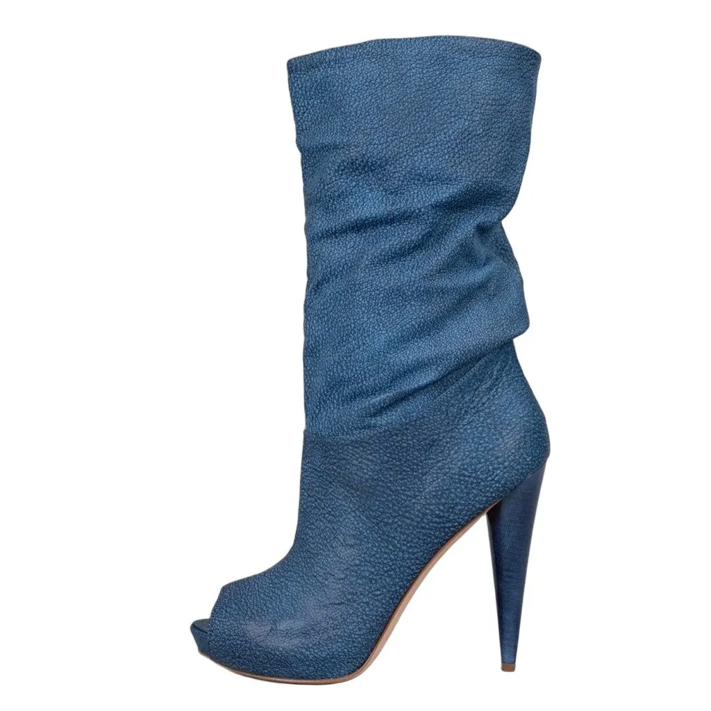Alexander McQueen NWB Alexander McQueen Blue Leather Wedge Open Toe Boots Sz.39,5 Pre-owned Blue Leather Never worn - Front View