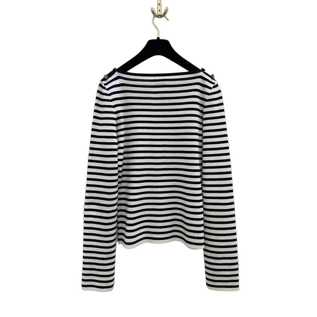 Chanel Vintage Striped Knit Top - FR 38 Pre-owned Navy Cotton Good - Front View