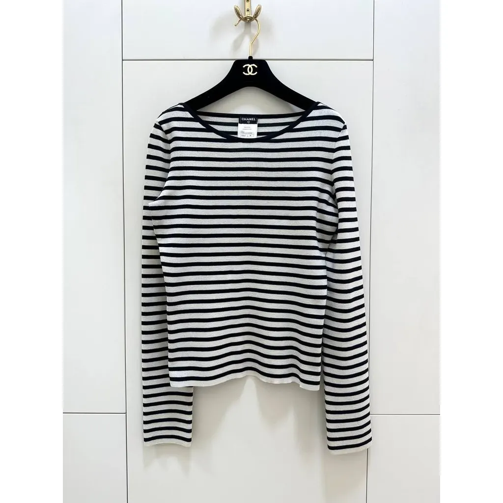 Chanel Vintage Striped Knit Top - FR 38 Pre-owned Navy Cotton Good - Back View