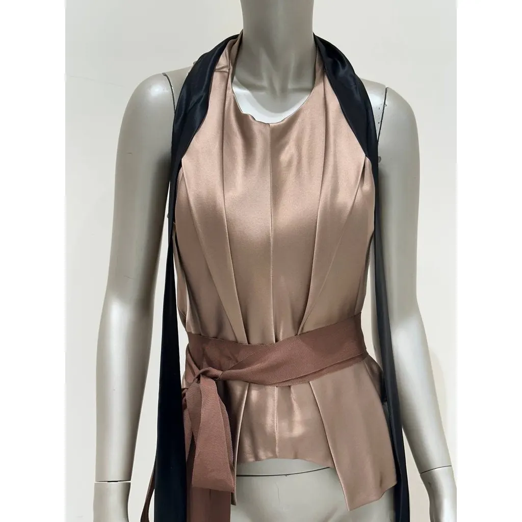 Unsigned Silk Draped Halter Top Size 4 Pre-owned Black Silk Good - Back View