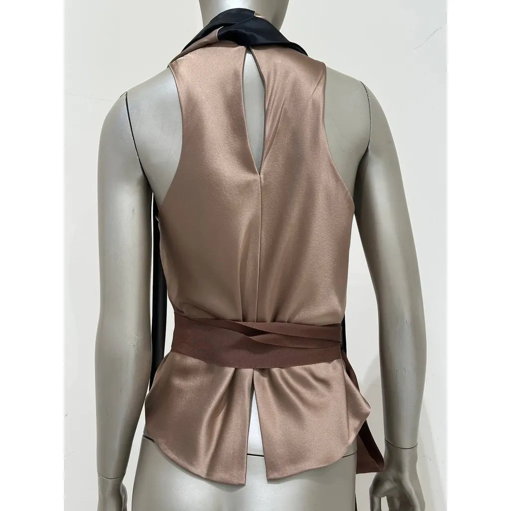 Unsigned Silk Draped Halter Top Size 4 Pre-owned Black Silk Good - Inside View