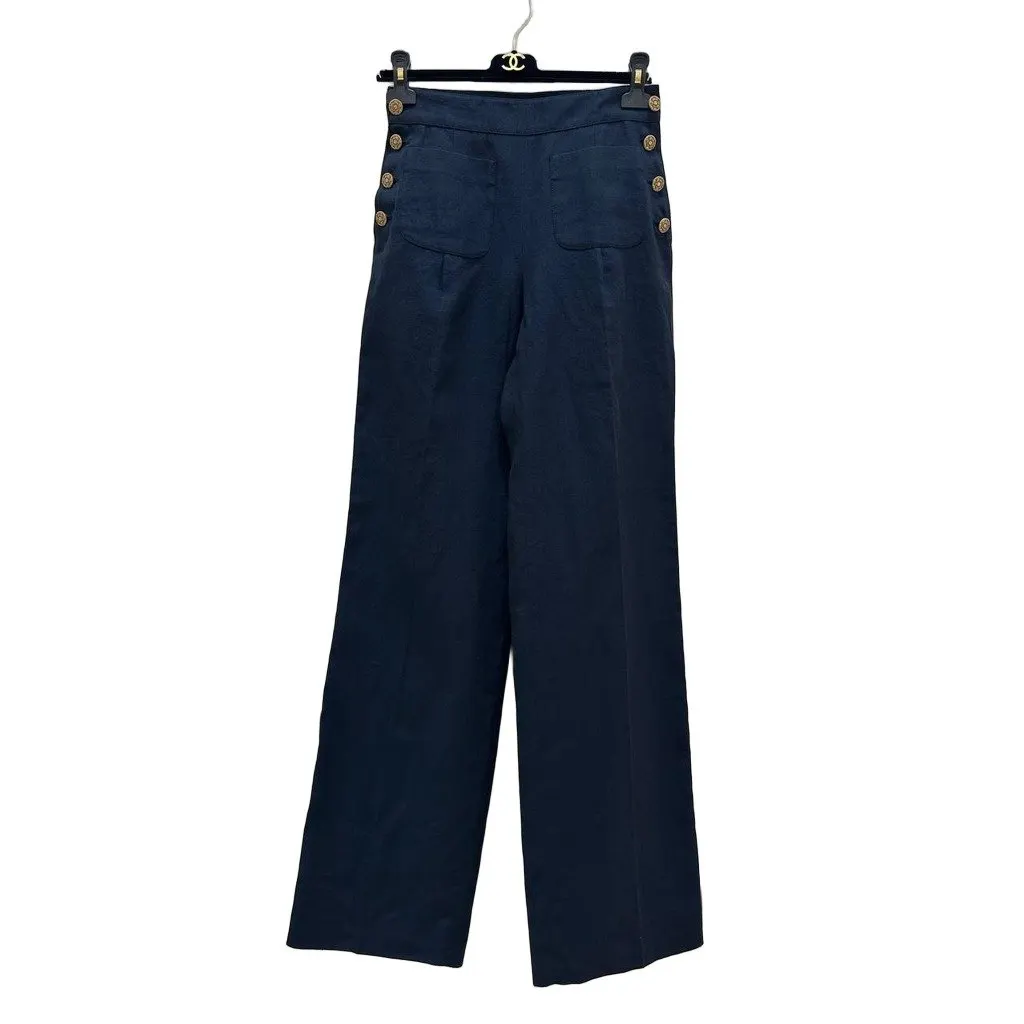 Chanel Vintage Navy Linen Wide Leg Pants FR 38 Pre-owned Navy Linen Good - Front View