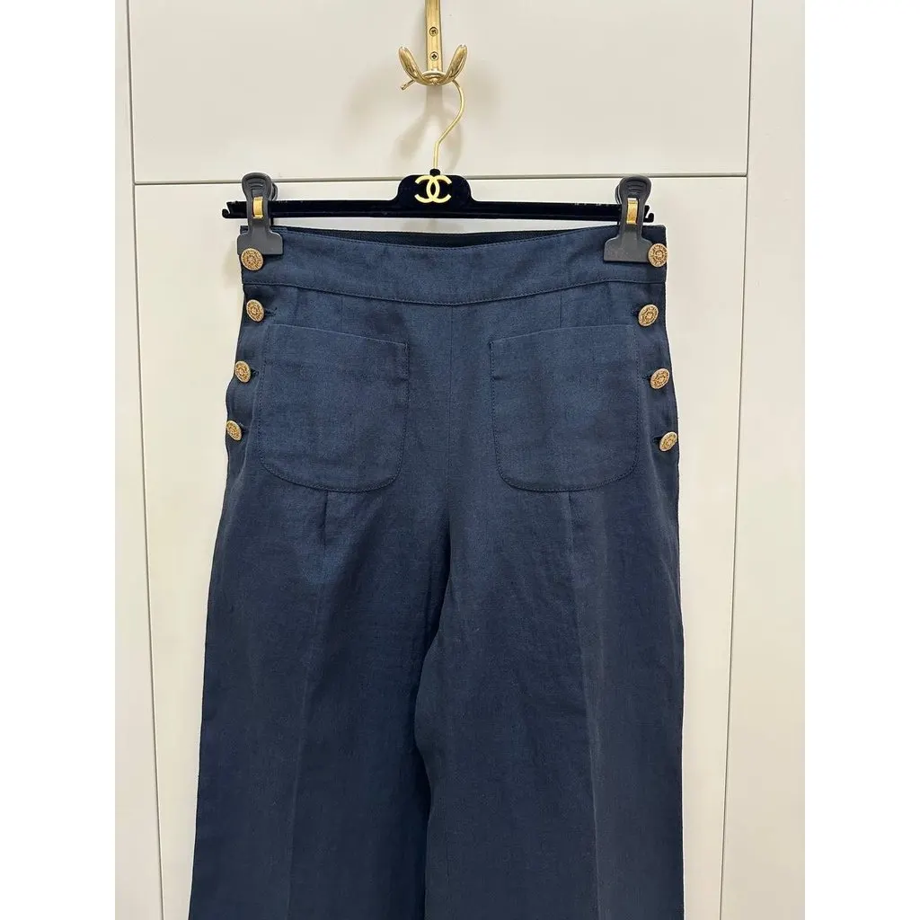 Chanel Vintage Navy Linen Wide Leg Pants FR 38 Pre-owned Navy Linen Good - Inside View