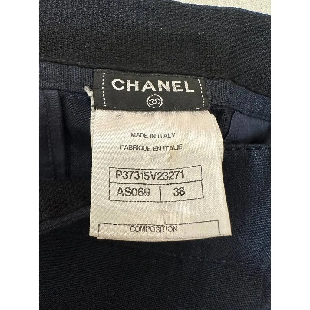 Chanel Vintage Navy Linen Wide Leg Pants FR 38 Pre-owned Navy Linen Good - Model View