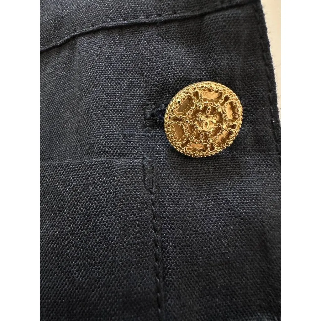 Chanel Vintage Navy Linen Wide Leg Pants FR 38 Pre-owned Navy Linen Good - Box View