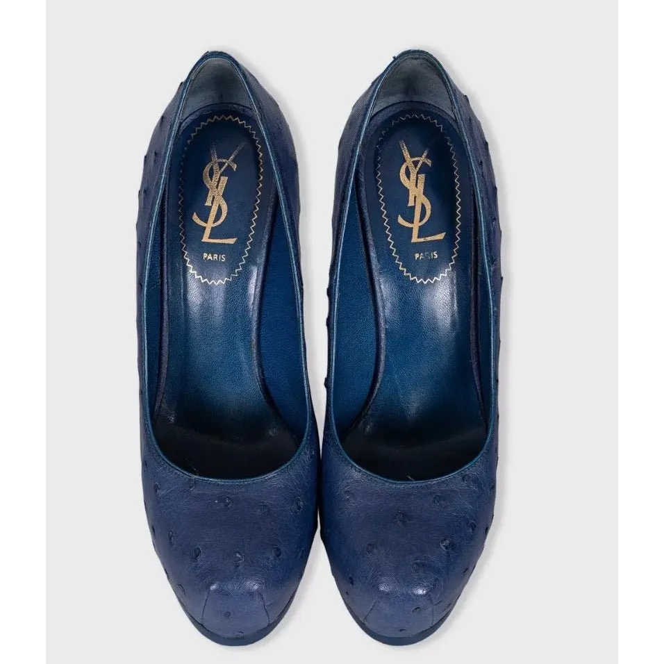 Saint Laurent Blue Leather Platform Stiletto Pumps 37.5 pre-owned Blue Leather Good - Back View