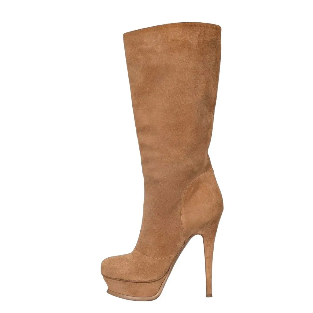 Saint Laurent Suede Platform Stiletto Knee High Boots 36.5 Pre-owned Brown Suede Good - Front View