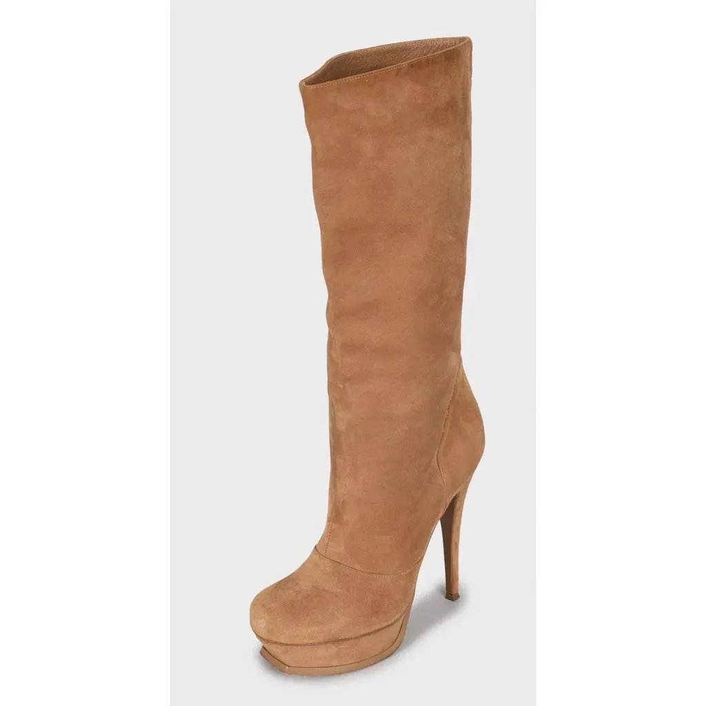 Saint Laurent Suede Platform Stiletto Knee High Boots 36.5 Pre-owned Brown Suede Good - Inside View