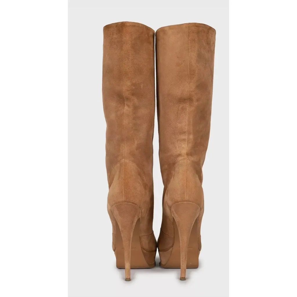 Saint Laurent Suede Platform Stiletto Knee High Boots 36.5 Pre-owned Brown Suede Good - Model View