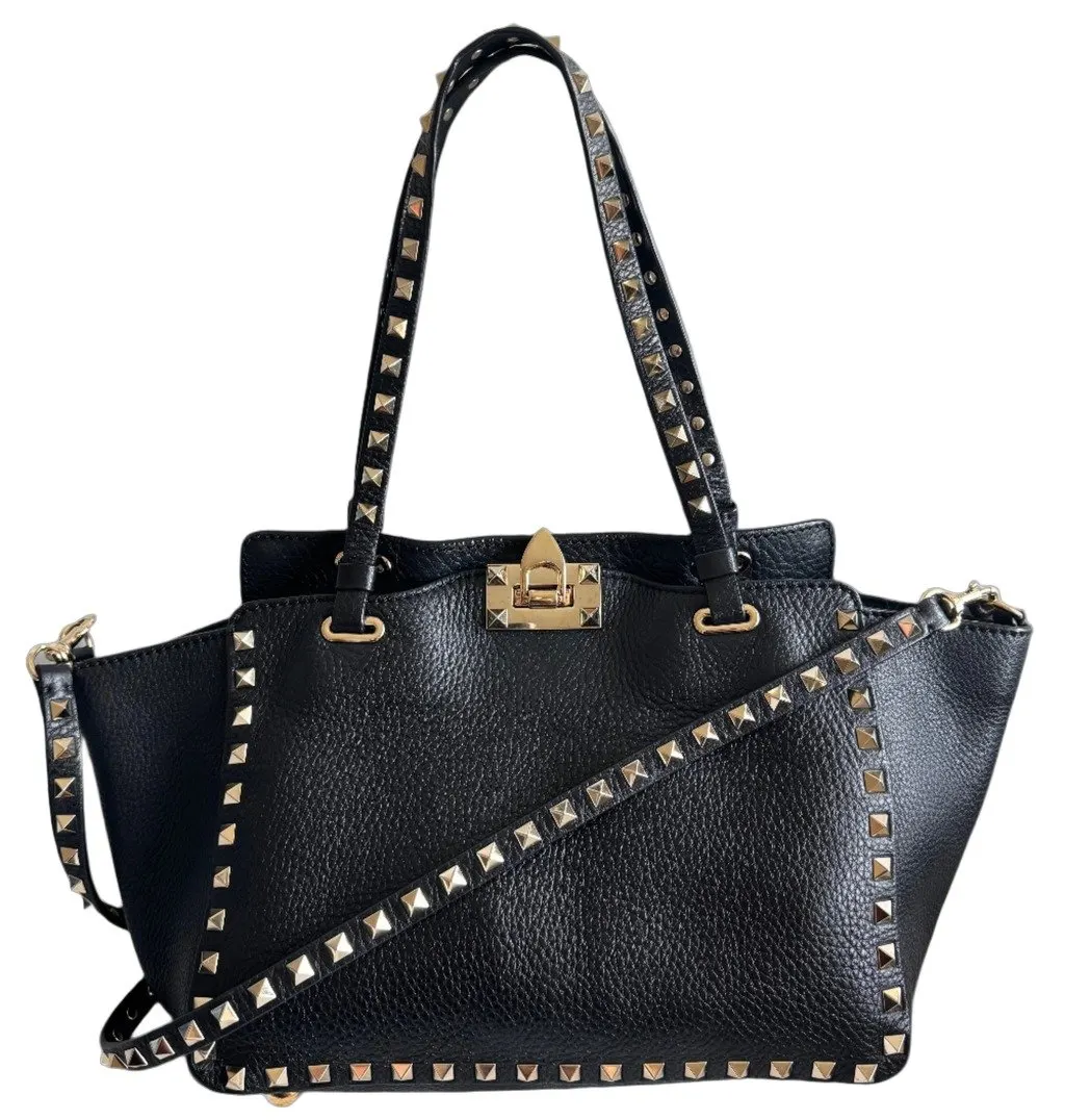 Valentino Black Leather Rockstud Two Way Bag Black Leather Good - Front View