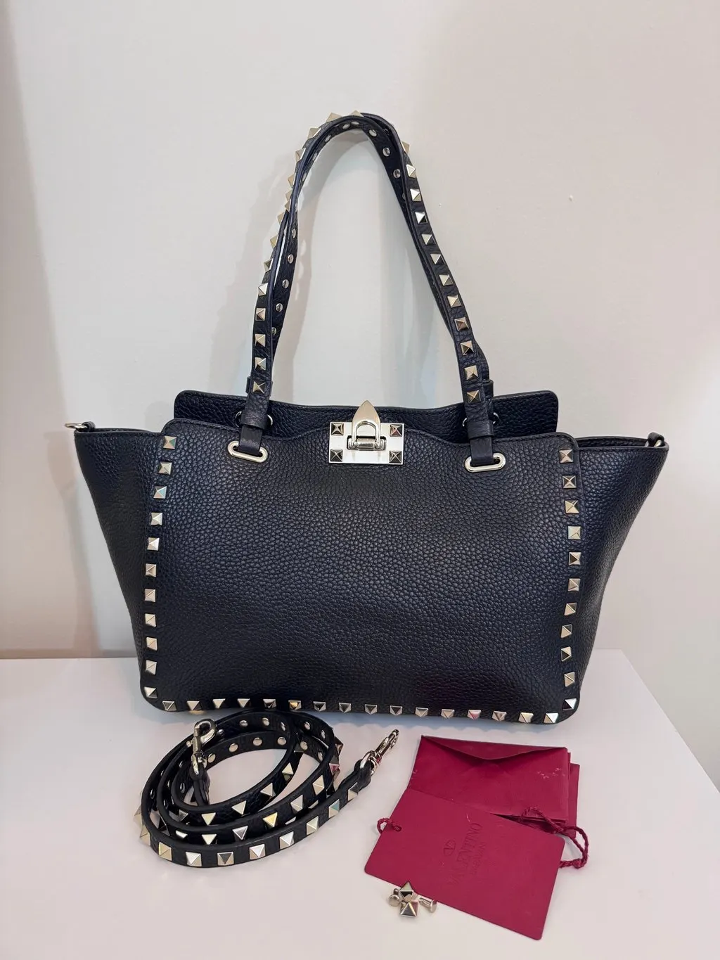 Valentino Black Leather Rockstud Two Way Bag Black Leather Good - Model View