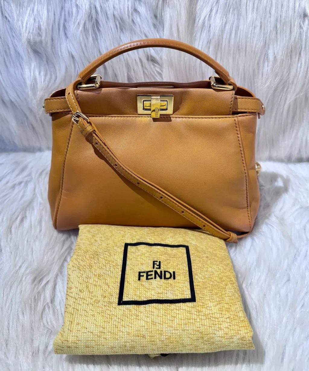 Fendi Peekaboo Mini Mustard Red Leather Good - Inside View