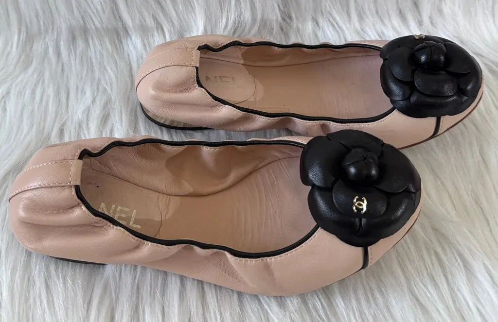 Chanel Camellia Elasticized Lambskin Ballerina Flats size 36.5C Camel Leather Good - Box View