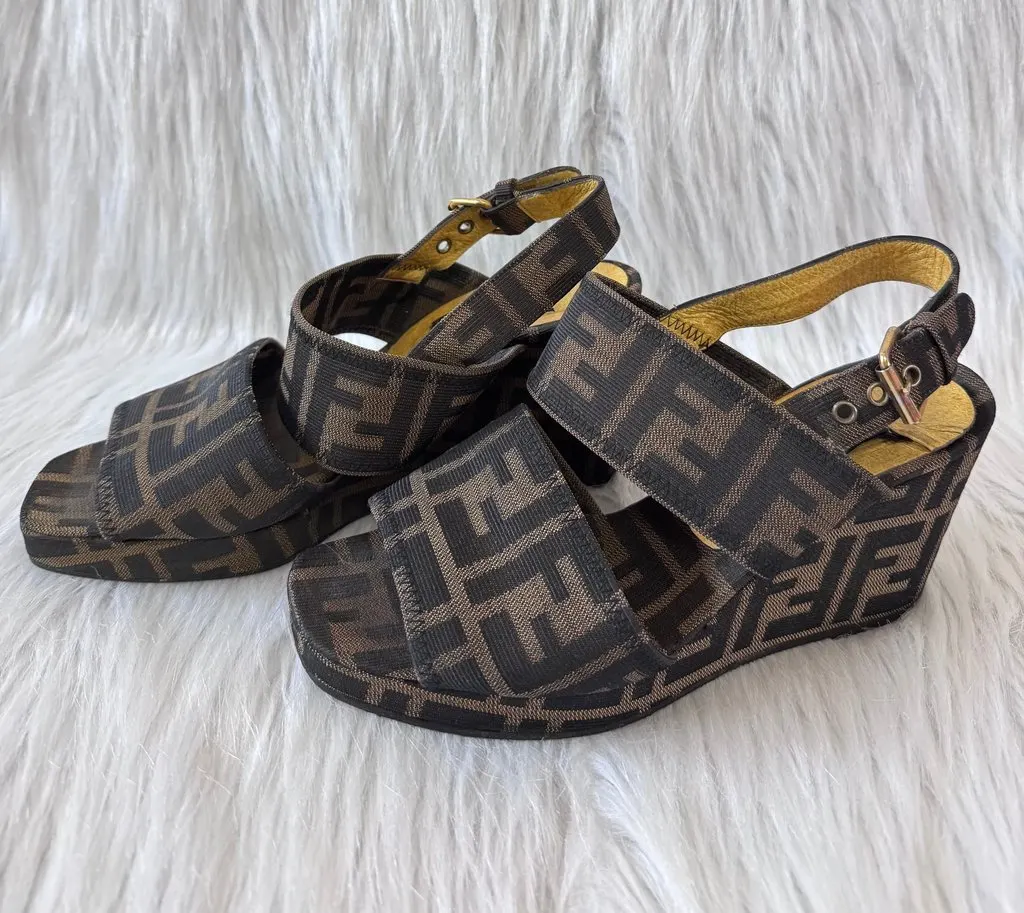 Fendi Zucca FF Monogram Wedge sandals size 36 Black Canvas Good - Back View