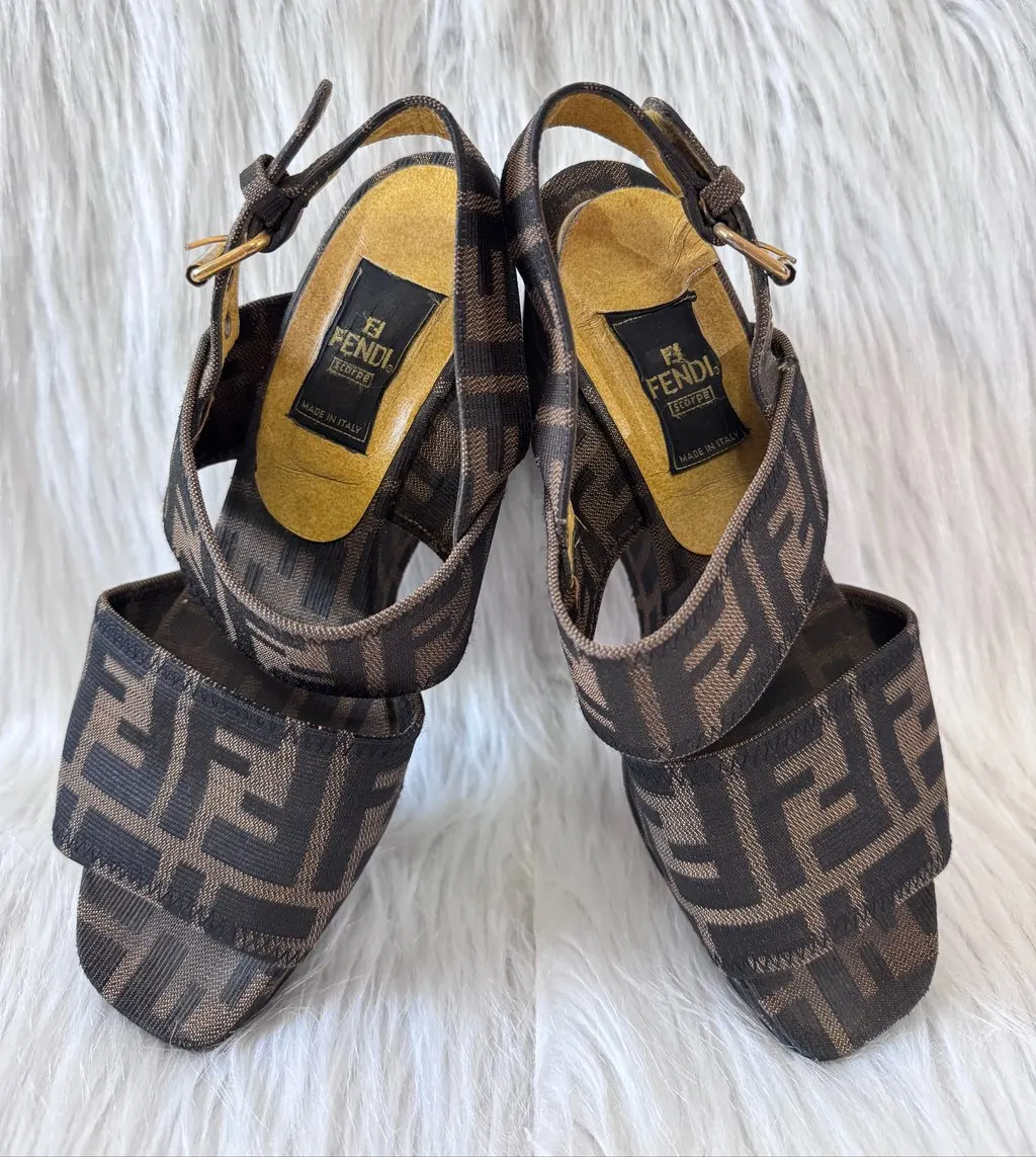 Fendi Zucca FF Monogram Wedge sandals size 36 Black Canvas Good - Inside View