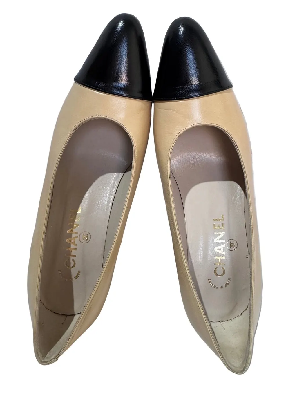 Chanel Classic Two Tone Cap-Toe Pump size 37.5 Black Leather Good - Back View