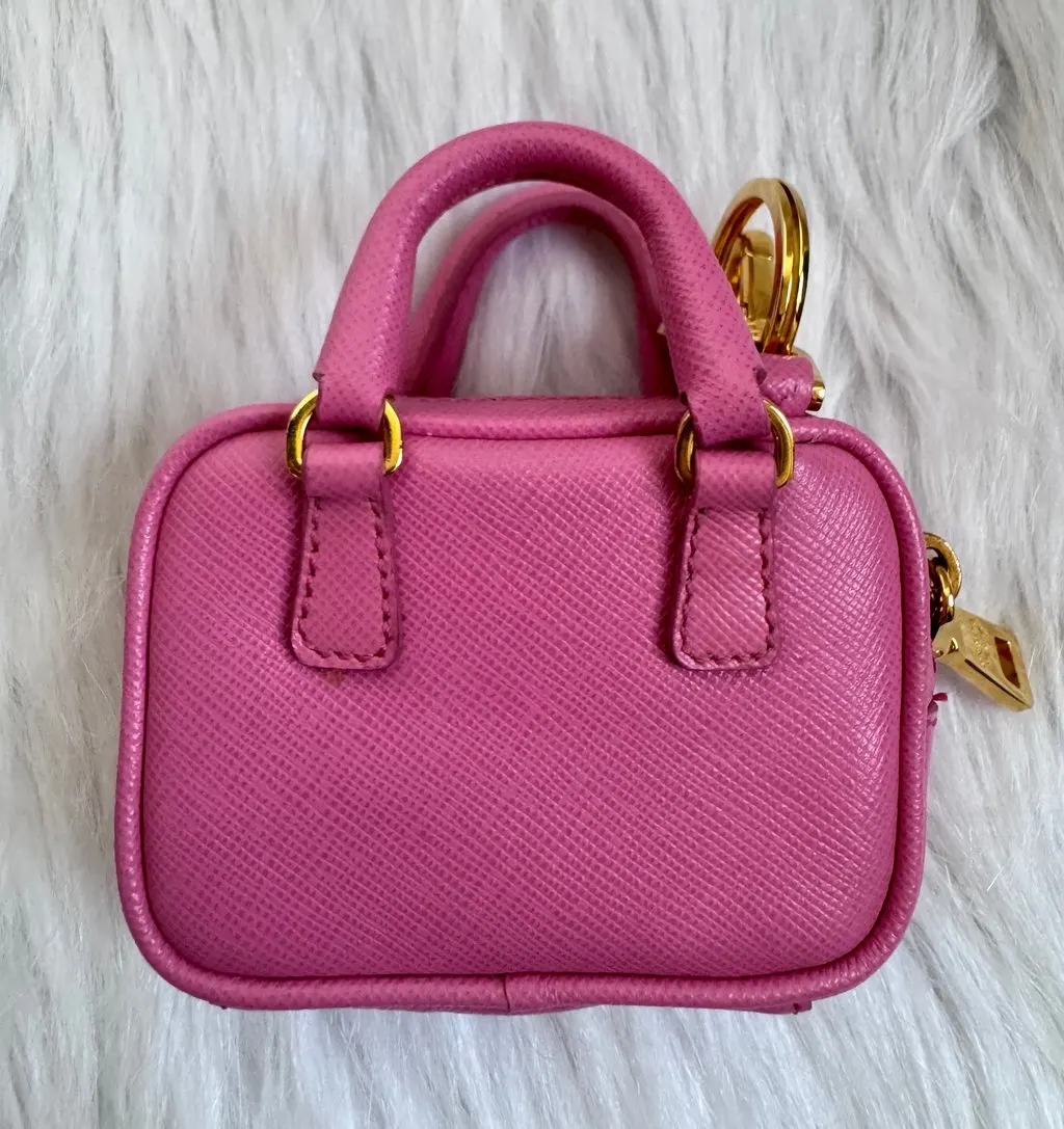 Prada Pink Saffiano Bag Keychain Charm handbag accessory Pink Leather Good - Back View