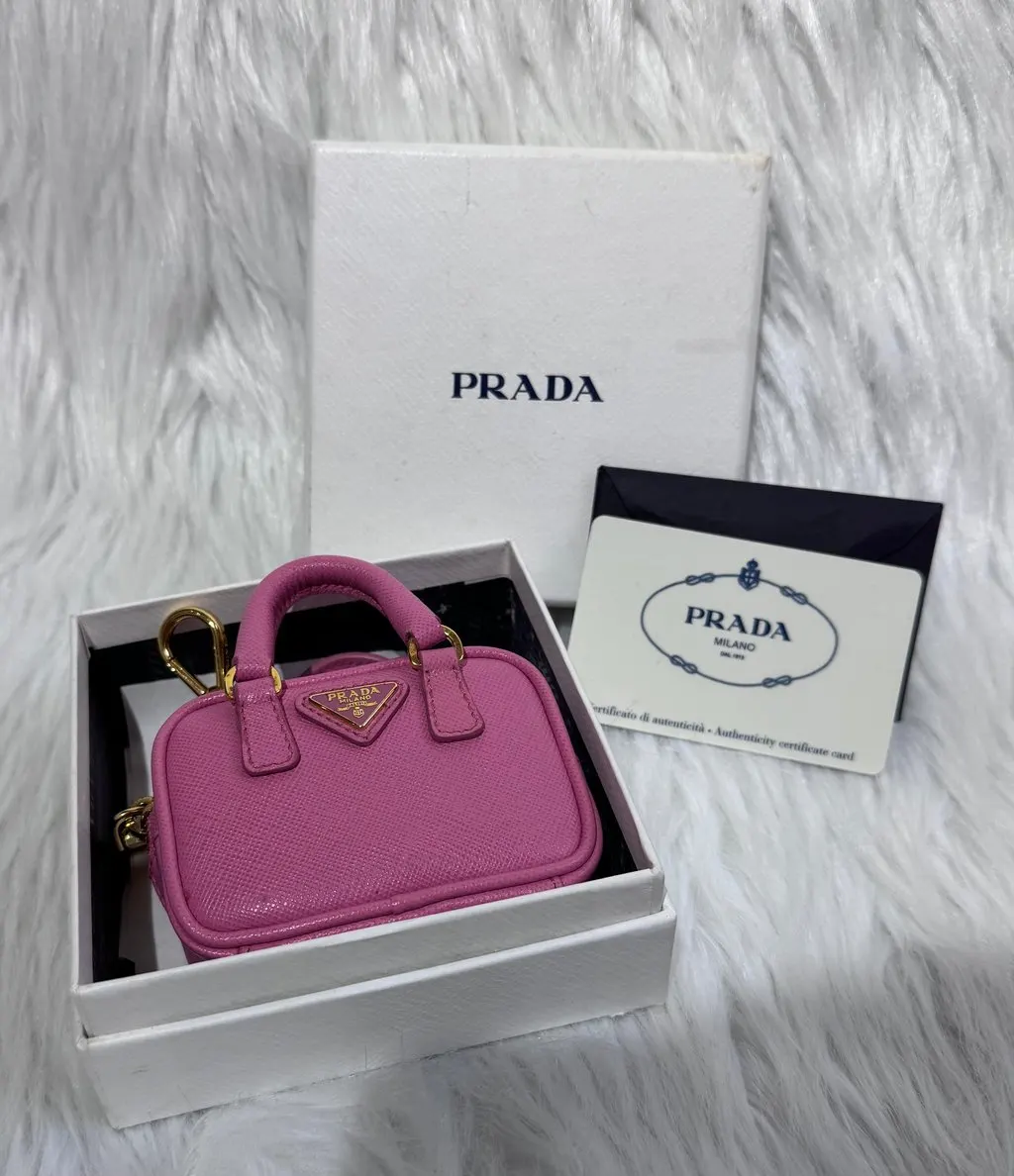 Prada Pink Saffiano Bag Keychain Charm handbag accessory Pink Leather Good - Inside View