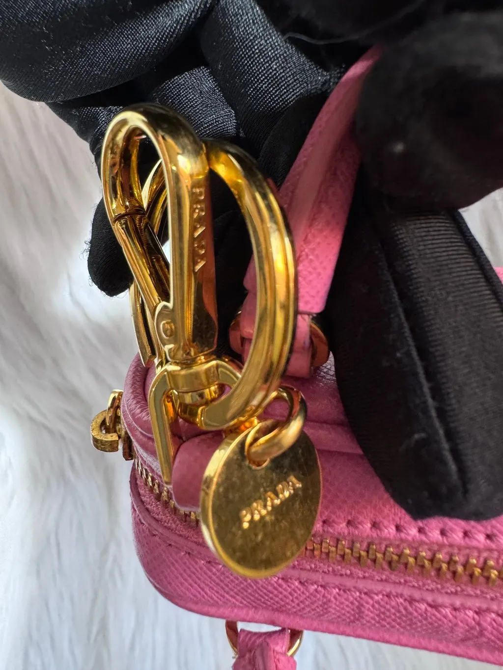 Prada Pink Saffiano Bag Keychain Charm handbag accessory Pink Leather Good - Model View