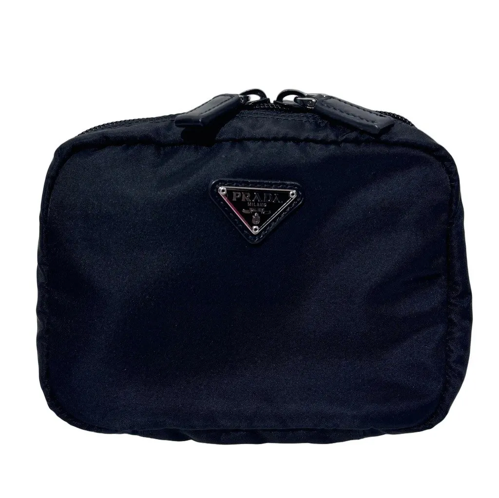 Prada Nylon Zipper Black Pouch Small Black Polyamide Good - Front View