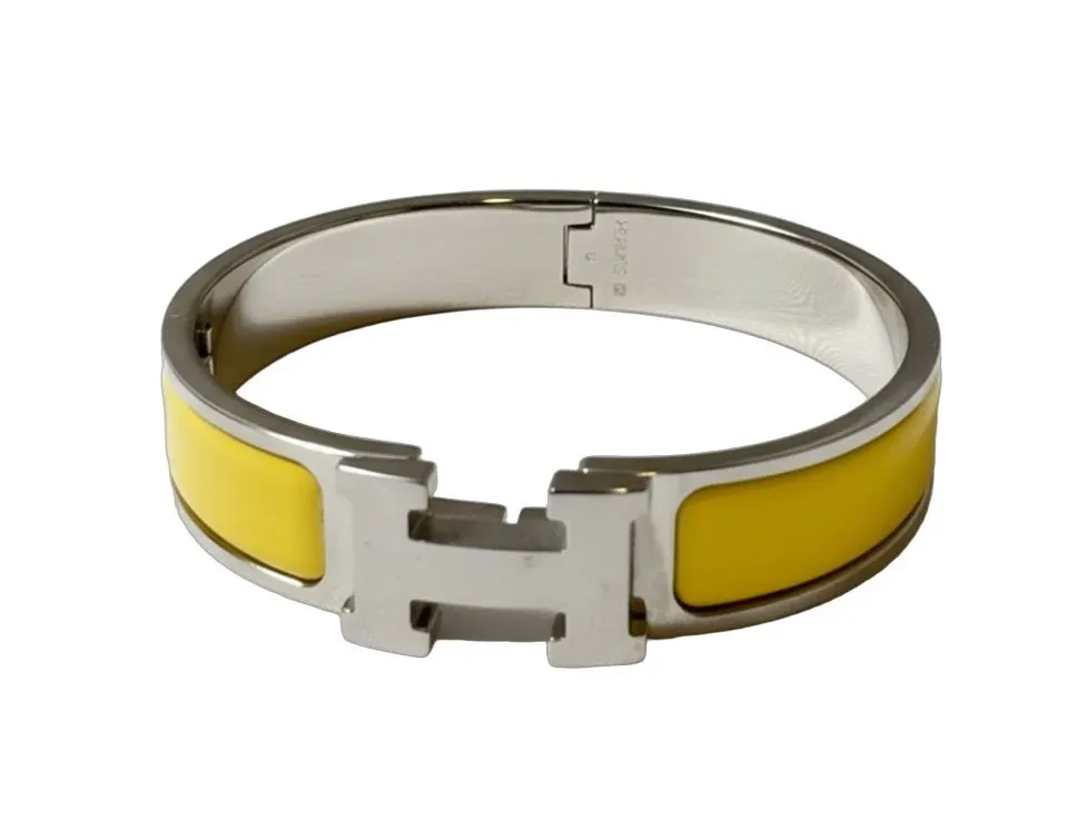 Hermès Clic Clac H Yellow Enamel Palladium Plated Narrow Bracelet PM Yellow Very good - Front View