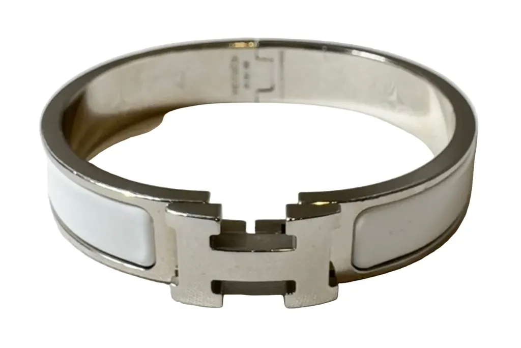 Hermès Clic Clac H White Enamel Palladium Plated Narrow Bracelet PM White Very good - Front View