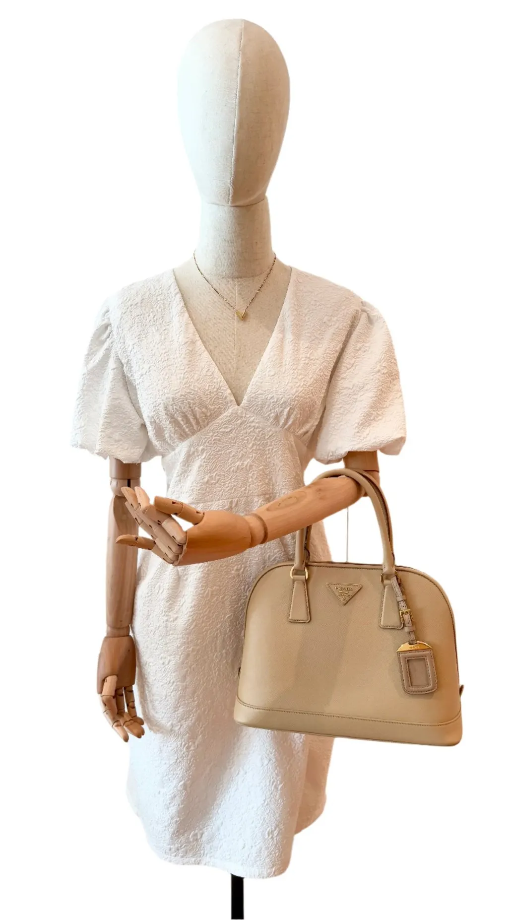 Prada Beige Saffiano Lux Open Two-Way Bag Beige Leather Good - Model View