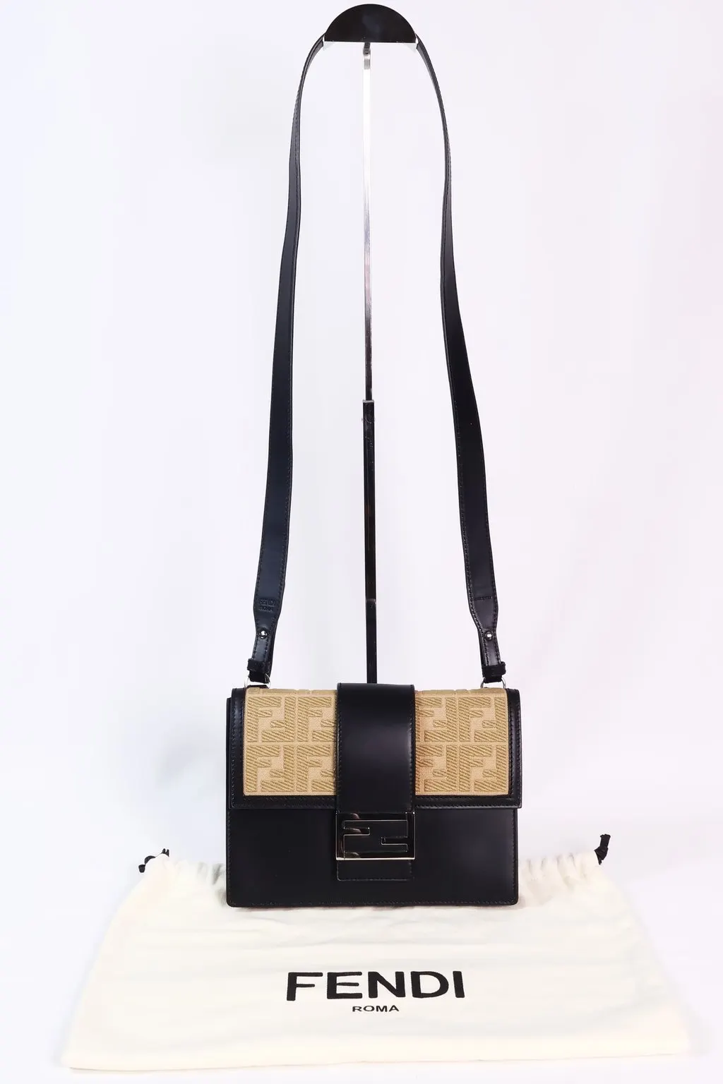 Fendi FF Flat Baguette Leather Crossbody Bag Black Black Leather Very good - Back View