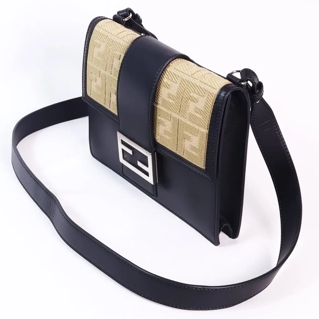 Fendi FF Flat Baguette Leather Crossbody Bag Black Black Leather Very good - Box View