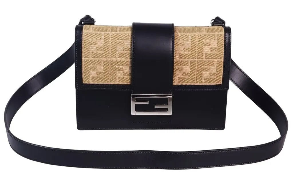 Fendi FF Flat Baguette Leather Crossbody Bag Black Black Leather Very good - Front View
