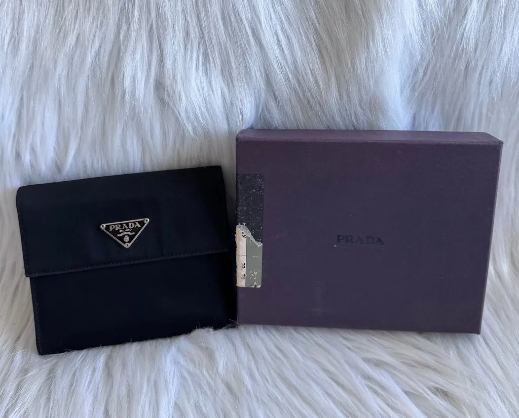 Prada Nylon Small Trifold Wallet Black Black Polyamide Good - Back View