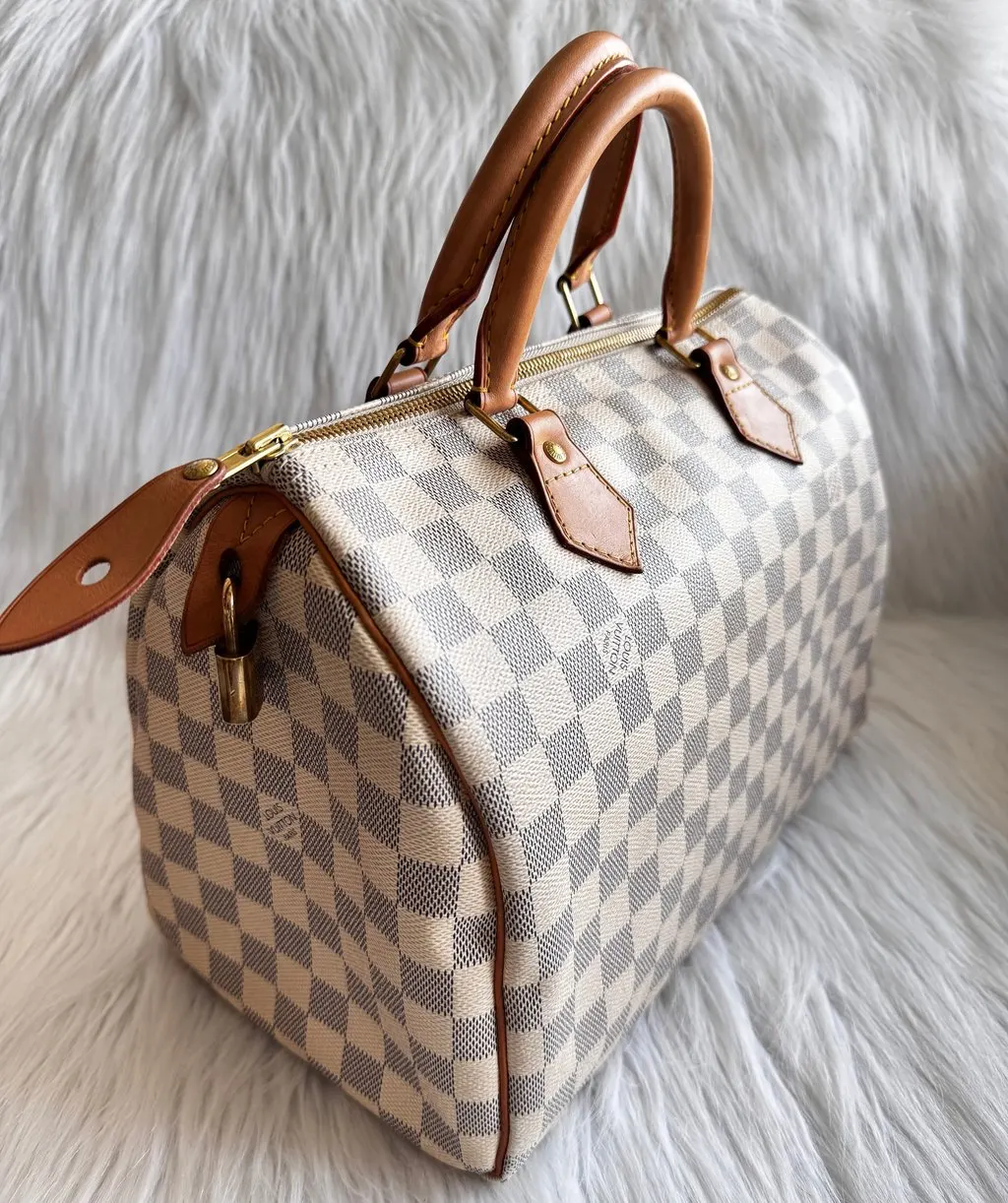 Louis Vuitton Damier Azur Speedy 30 Gold Leather Good - Model View