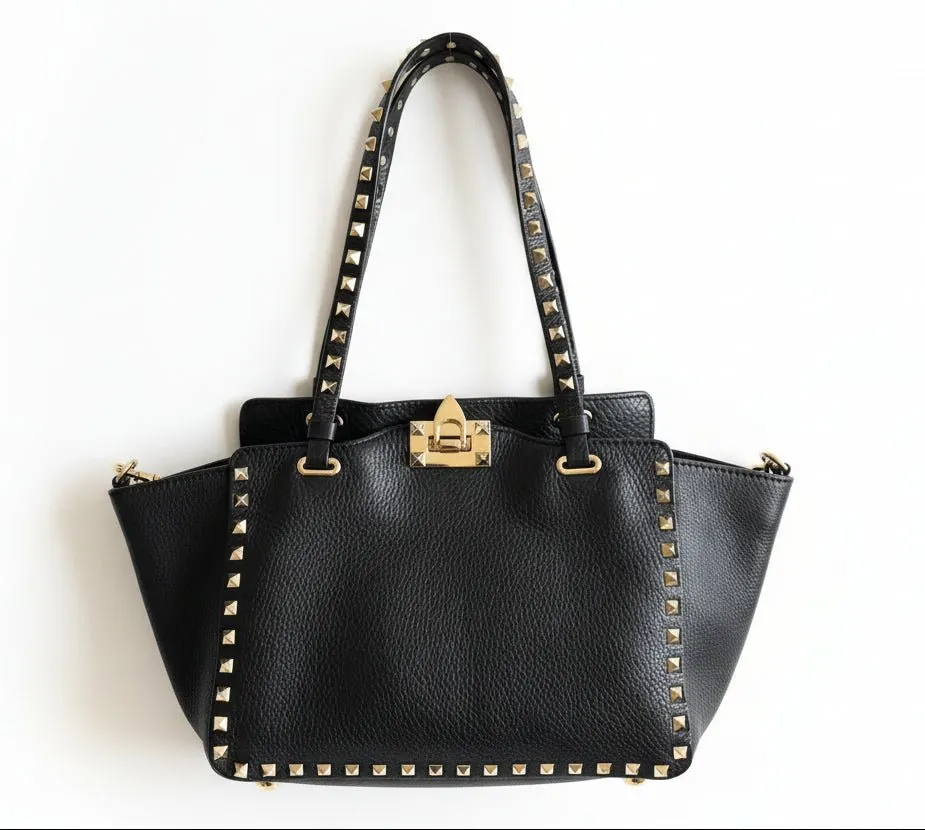 Valentino Black Leather Rockstud Two Way Bag Black Leather Good - Back View