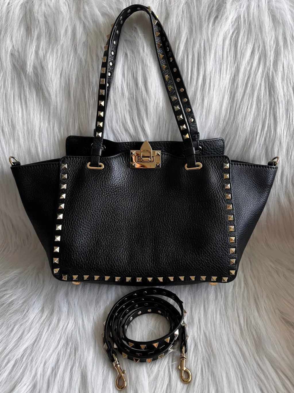 Valentino Black Leather Rockstud Two Way Bag Black Leather Good - Model View