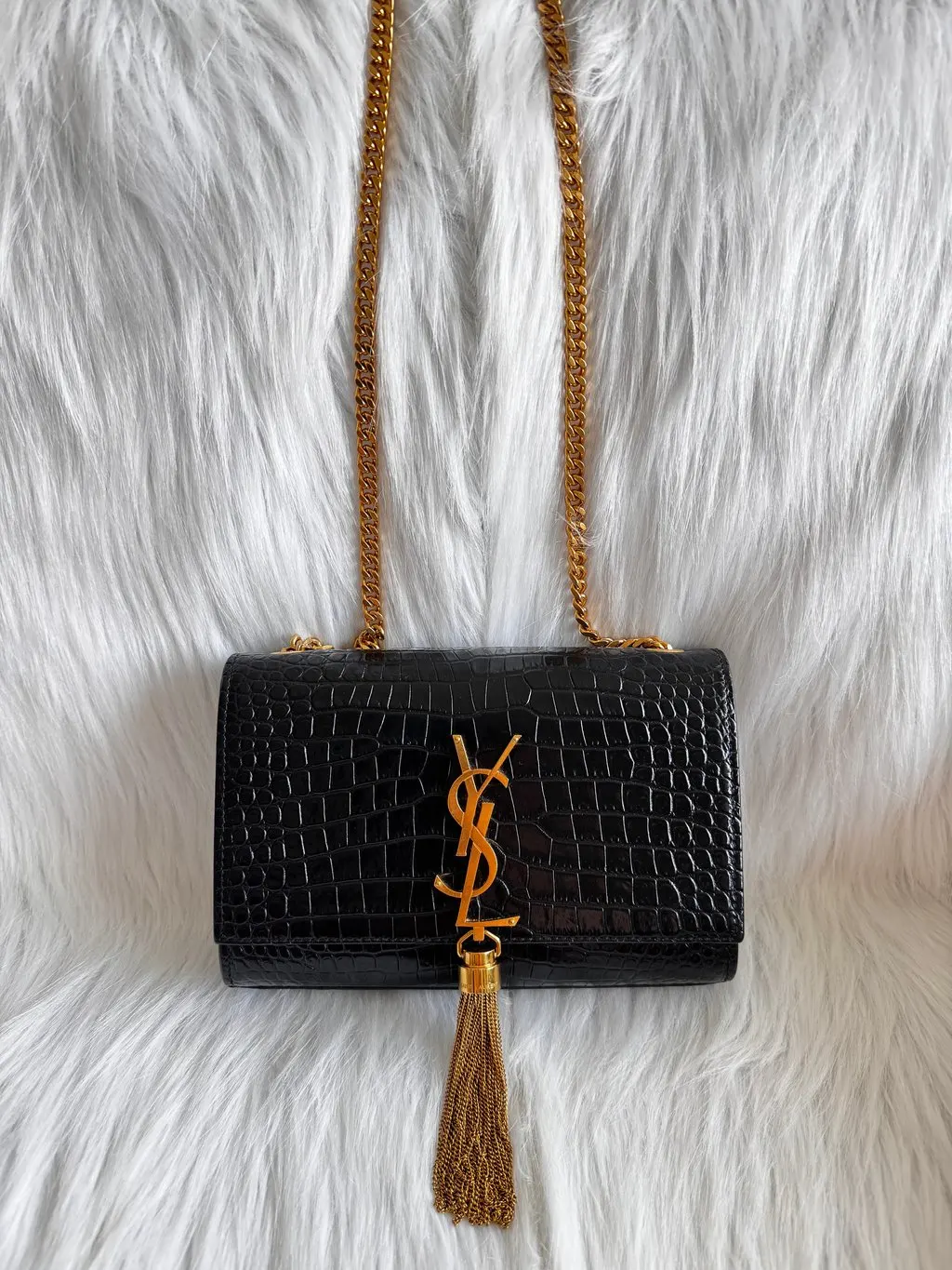 Saint Laurent Kate Small Tassel Croc Embossed Leather Black Shoulder Bag Black Leather Very good - Back View