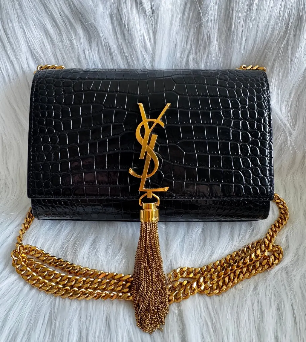 Saint Laurent Kate Small Tassel Croc Embossed Leather Black Shoulder Bag Black Leather Very good - Inside View