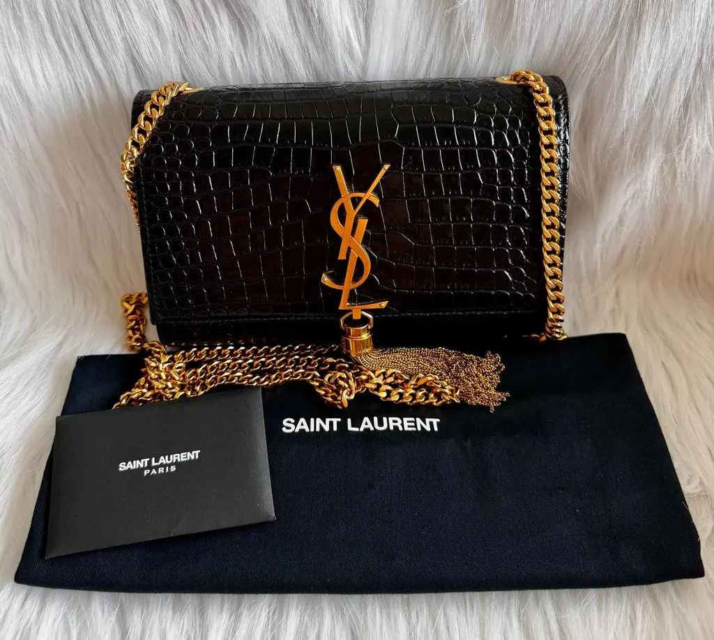 Saint Laurent Kate Small Tassel Croc Embossed Leather Black Shoulder Bag Black Leather Very good - Model View