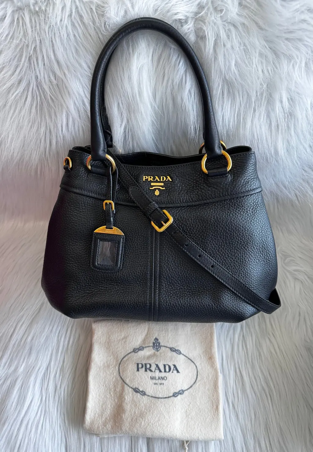 Prada Vitello Daino Black two way bag Black Leather Good - Back View