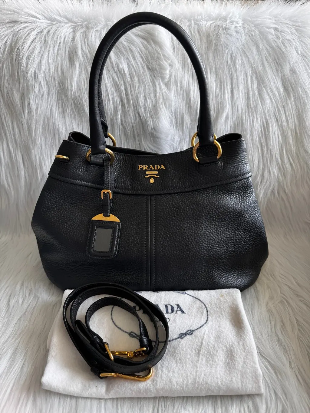 Prada Vitello Daino Black two way bag Black Leather Good - Inside View