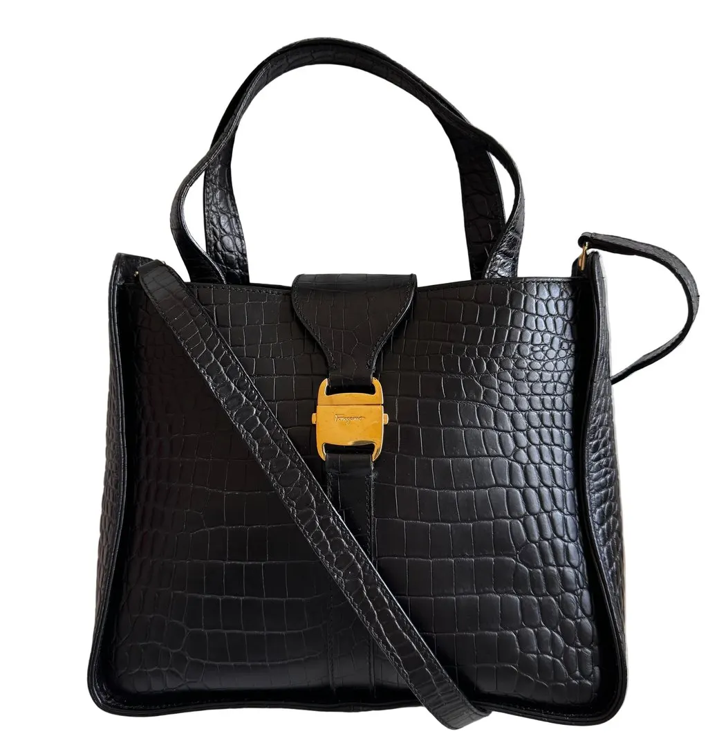 Salvatore Ferragamo Croc Embossed Black Two-way Bag Black Leather Good - Back View