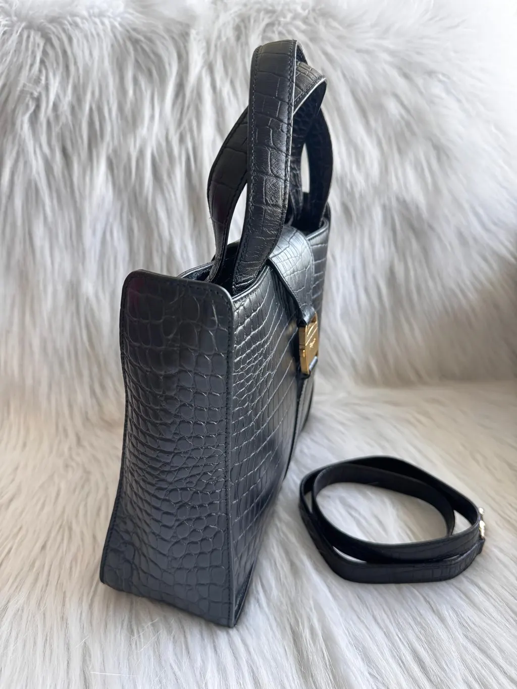 Salvatore Ferragamo Croc Embossed Black Two-way Bag Black Leather Good - Model View