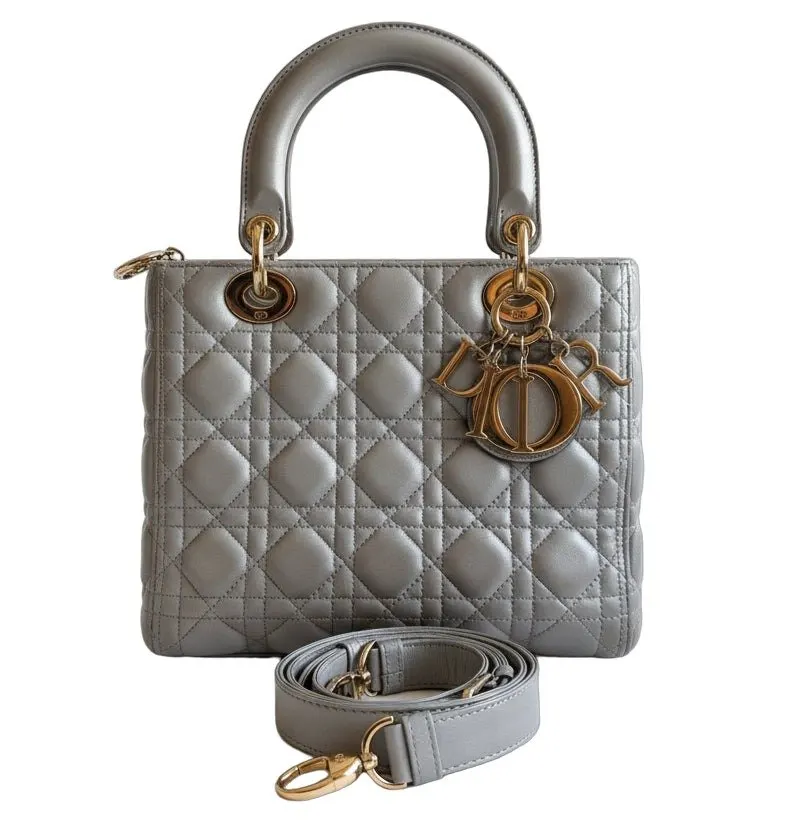 Dior Lady Dior Medium Gray Pearlescent Grey Leather Good - Front View