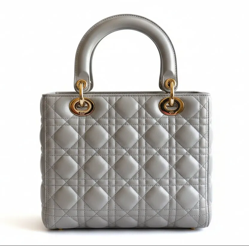 Dior Lady Dior Medium Gray Pearlescent Grey Leather Good - Back View