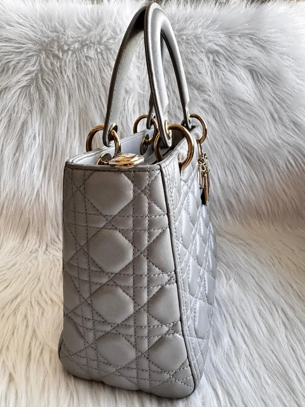 Dior Lady Dior Medium Gray Pearlescent Grey Leather Good - Box View