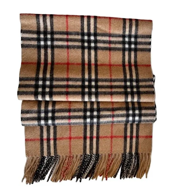 Burberry Check Brown Cashmere Fringed Muffler-01 Brown Wool Never worn - Front View