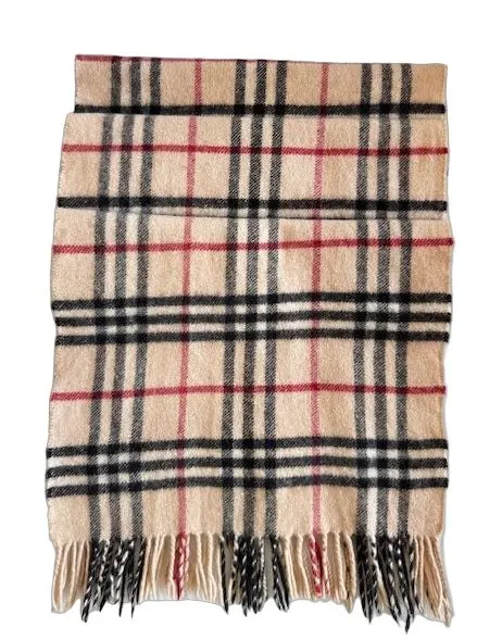 Burberry Check Beige Cashmere Fringed Muffler Beige Wool Never worn - Front View