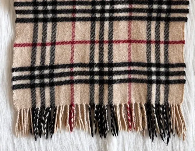 Burberry Check Beige Cashmere Fringed Muffler Beige Wool Never worn - Back View